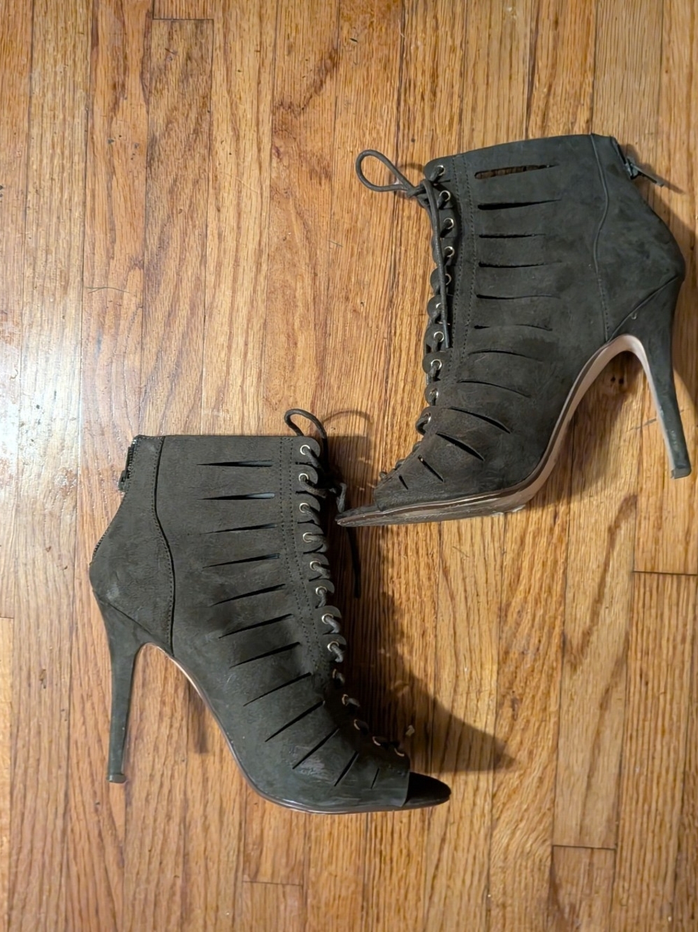 Forever 21 Olive Suede Lace-Up Peep-Toe Booties Size 8